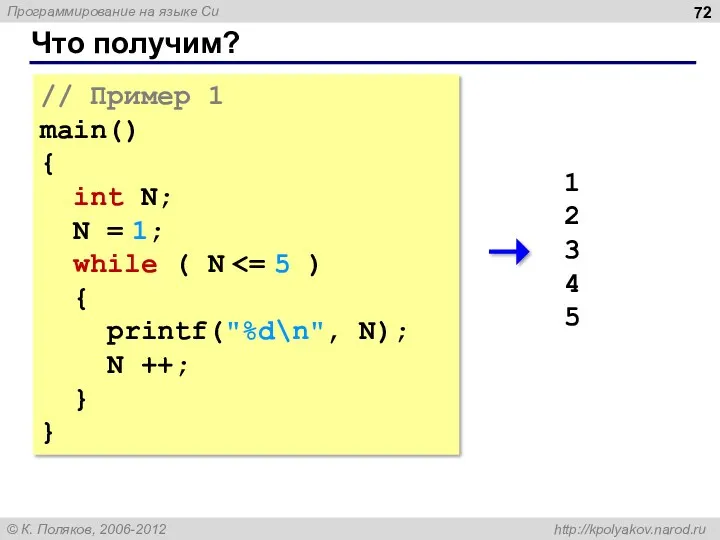 Что получим? // Пример 1 main() { int N; N = 1; while