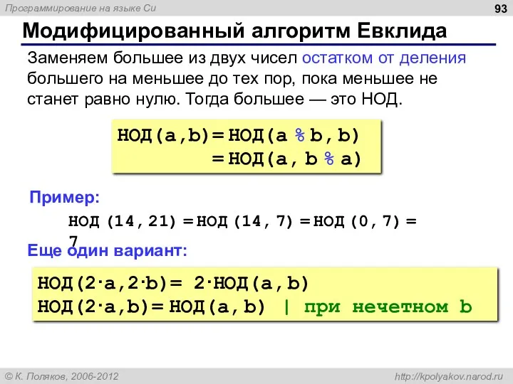 Модифицированный алгоритм Евклида НОД(a,b)= НОД(a % b, b) = НОД(a, b % a)