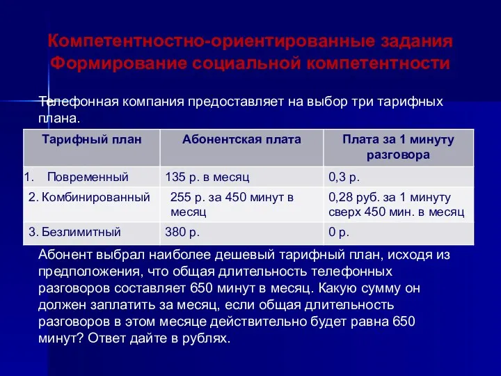 Телефонная компания предоставляет на выбор три тарифных плана. Абонент выбрал