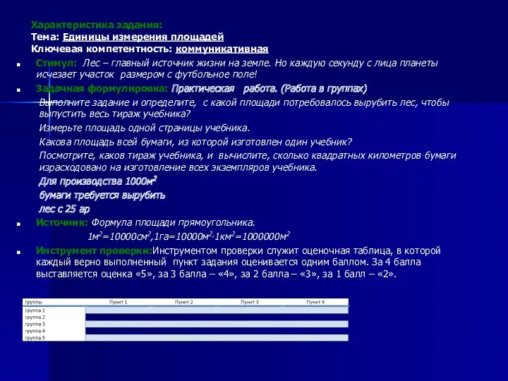 Характеристика задания: Тема: Единицы измерения площадей Ключевая компетентность: коммуникативная Стимул: