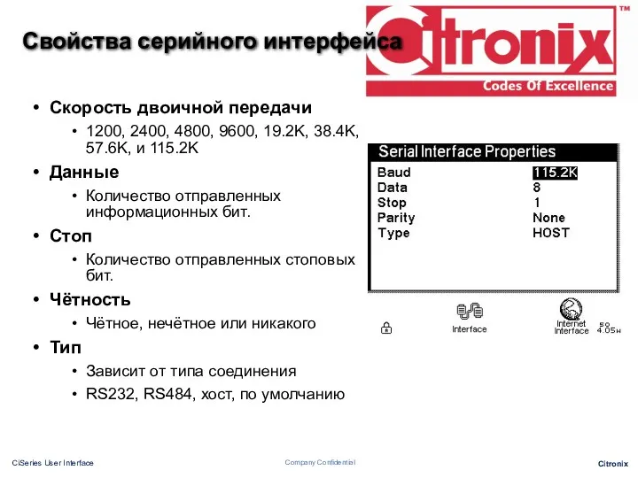 Свойства серийного интерфейса Скорость двоичной передачи 1200, 2400, 4800, 9600,