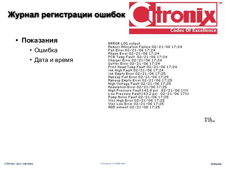 Журнал регистрации ошибок Показания Ошибка Дата и время