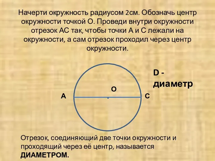 Начерти окружность радиусом 2см. Обозначь центр окружности точкой О. Проведи