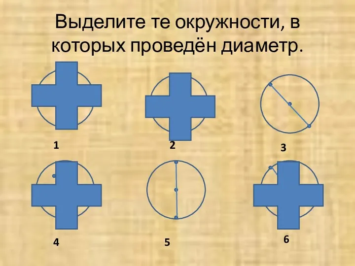 Выделите те окружности, в которых проведён диаметр. 1 3 2 4 5 6