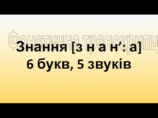 Фонетична транскрипція Знання [з н а н’: а] 6 букв, 5 звуків