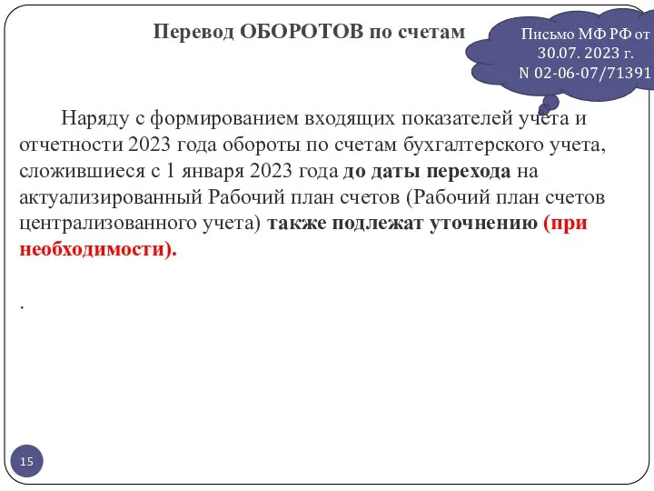Перевод ОБОРОТОВ по счетам Письмо МФ РФ от 30.07. 2023