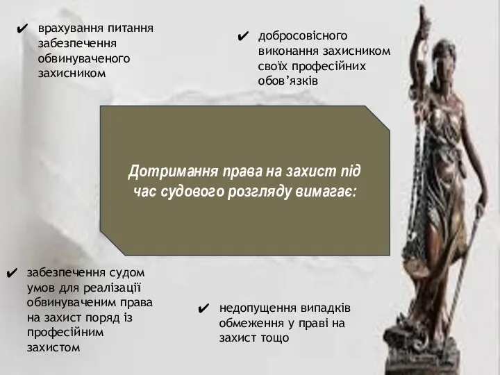 Дотримання права на захист під час судового розгляду вимагає: врахування