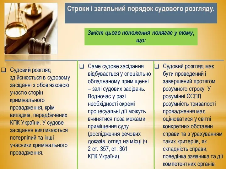 Строки і загальний порядок судового розгляду. Зміст цього положення полягає