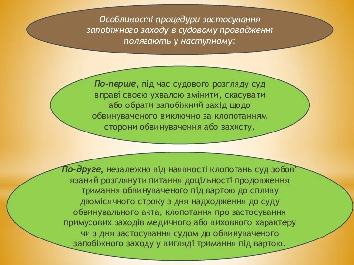 Особливості процедури застосування запобіжного заходу в судовому провадженні полягають у