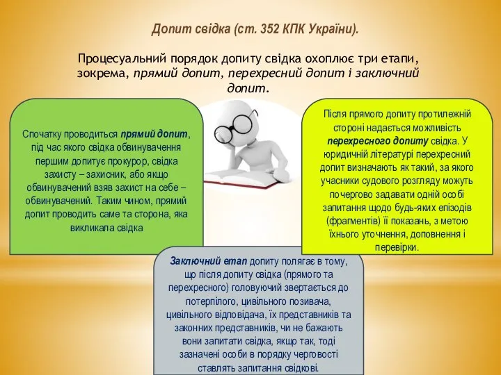 Допит свідка (ст. 352 КПК України). Процесуальний порядок допиту свідка