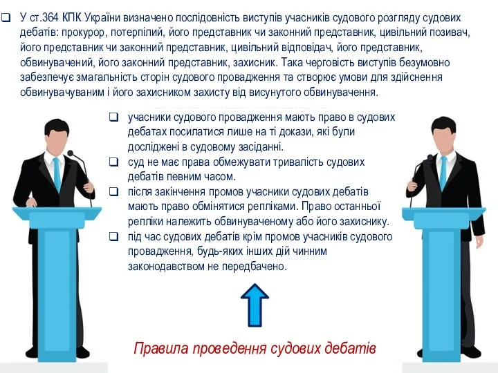 У ст.364 КПК України визначено послідовність виступів учасників судового розгляду