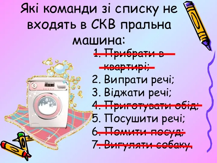 Які команди зі списку не входять в СКВ пральна машина: