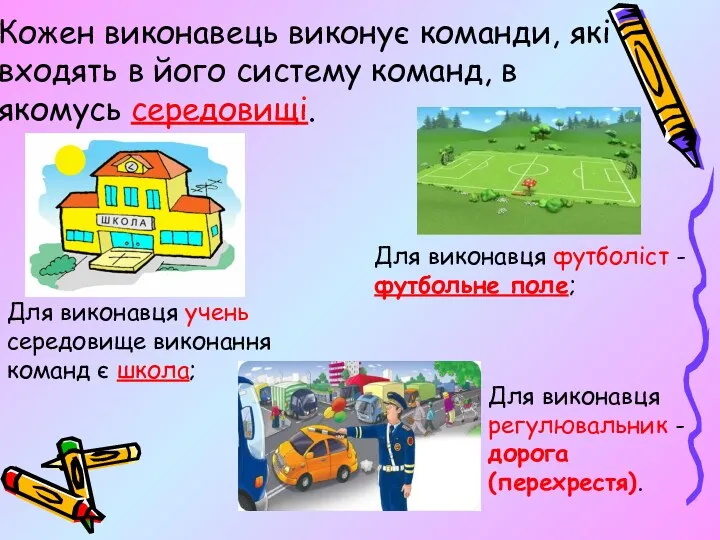 Кожен виконавець виконує команди, які входять в його систему команд,