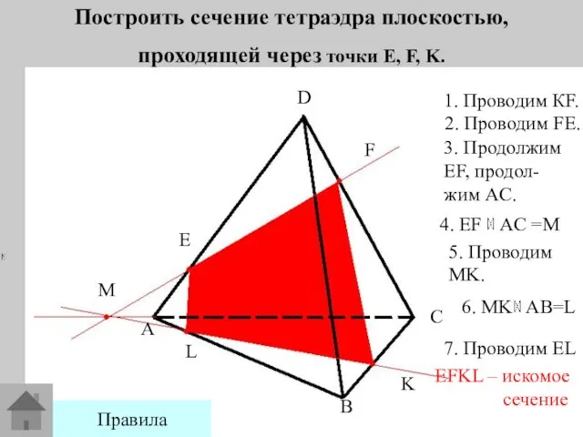 Построить сечение тетраэдра плоскостью, проходящей через точки E, F, K.