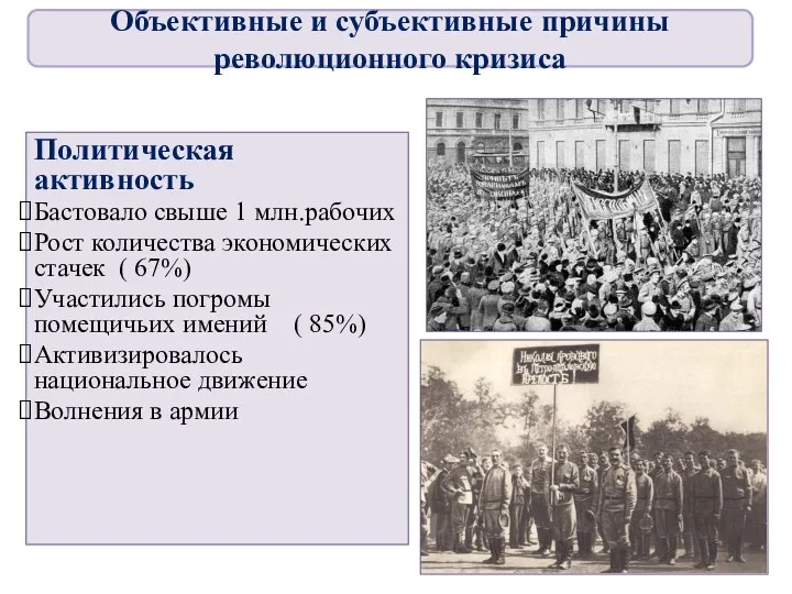 Политическая активность Бастовало свыше 1 млн.рабочих Рост количества экономических стачек