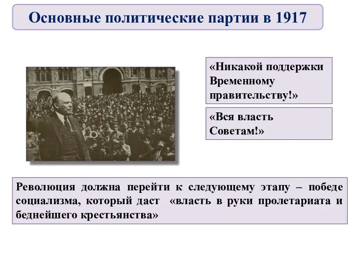 «Никакой поддержки Временному правительству!» «Вся власть Советам!» Революция должна перейти