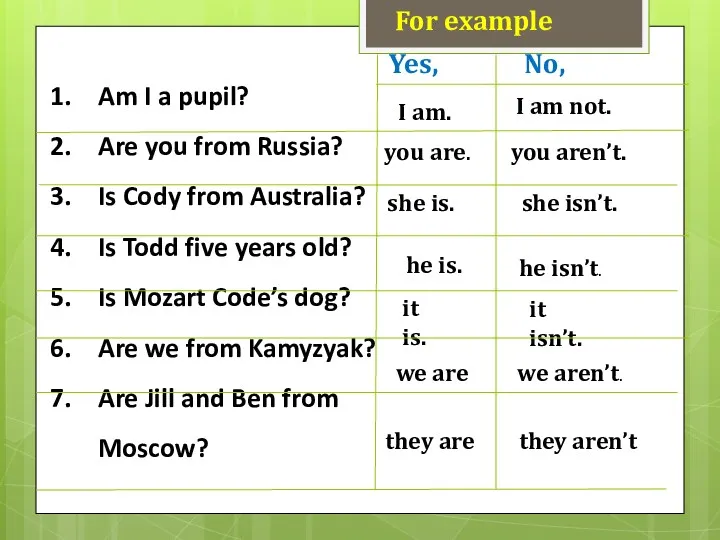 For example Am I a pupil? Are you from Russia?