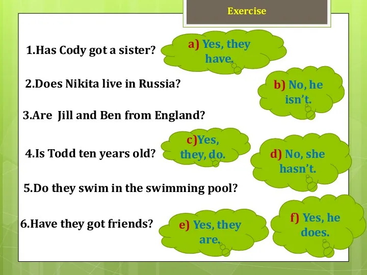 Exercise 1.Has Cody got a sister? 2.Does Nikita live in