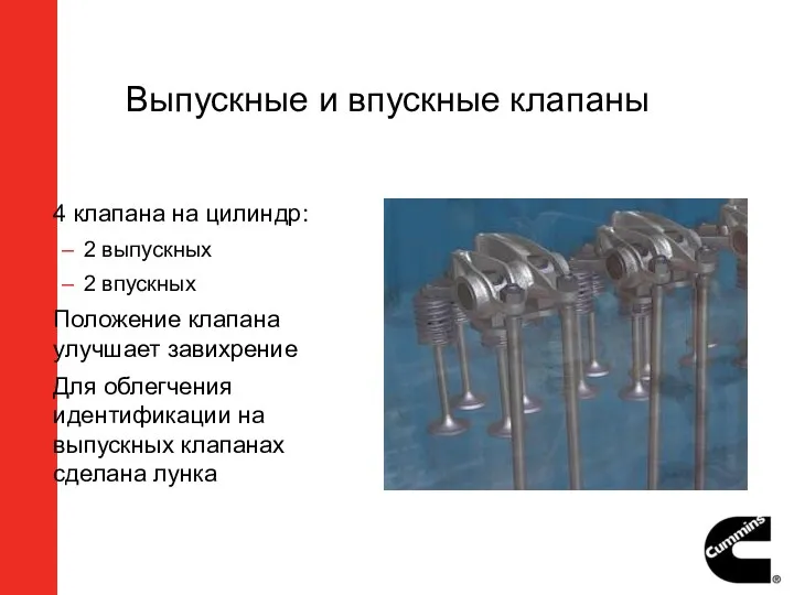 Выпускные и впускные клапаны 4 клапана на цилиндр: 2 выпускных 2 впускных Положение