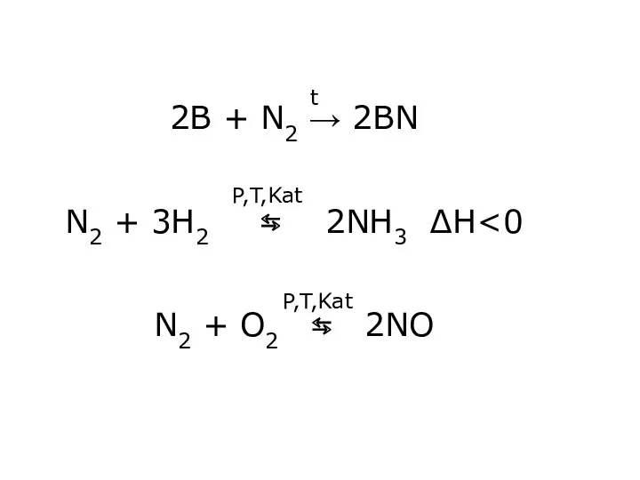 2B + N2 → 2BN N2 + 3H2 ⇆ 2NH3 ∆H P,T,Kat P,T,Kat t