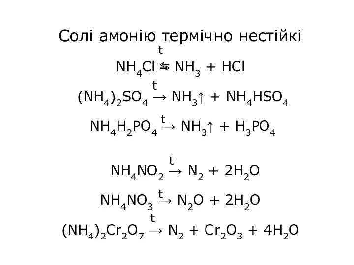 Солі амонію термічно нестійкі NH4Cl ⇆ NH3 + HCl (NH4)2SO4