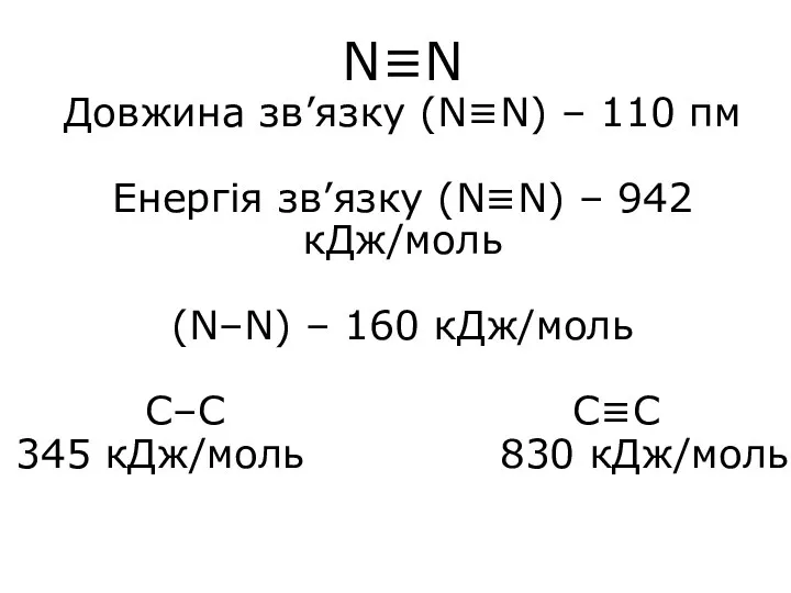 N≡N Довжина зв’язку (N≡N) – 110 пм Енергія зв’язку (N≡N)