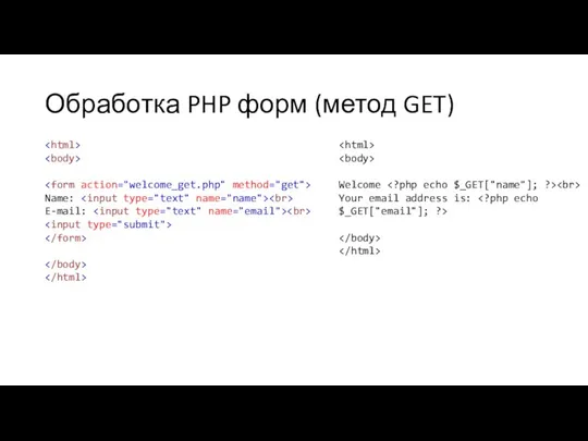 Обработка PHP форм (метод GET) Name: E-mail: Welcome Your email address is: