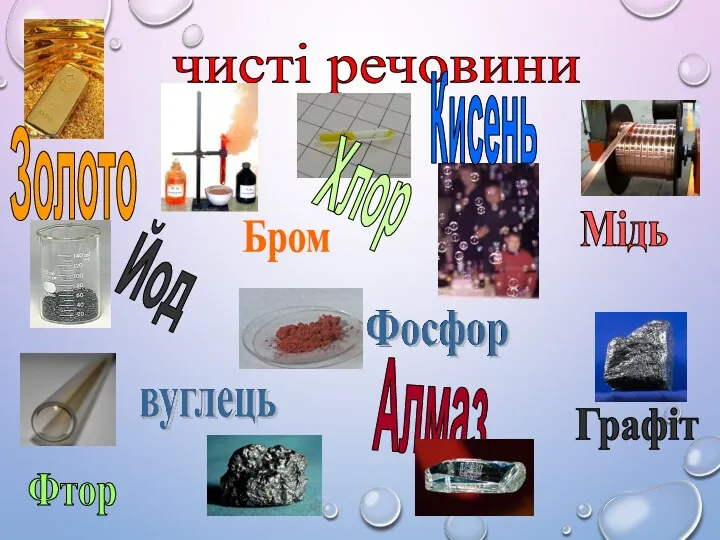 чисті речовини Золото Мідь Йод Фтор Бром Хлор Кисень Графіт Алмаз