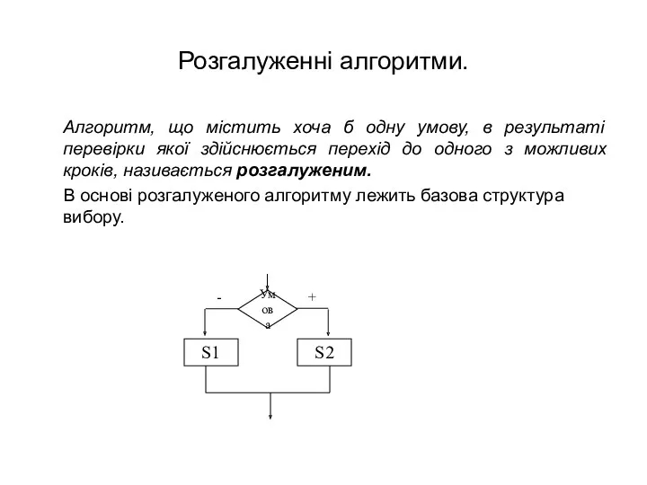 Розгалуженні алгоритми. Алгоритм, що містить хоча б одну умову, в