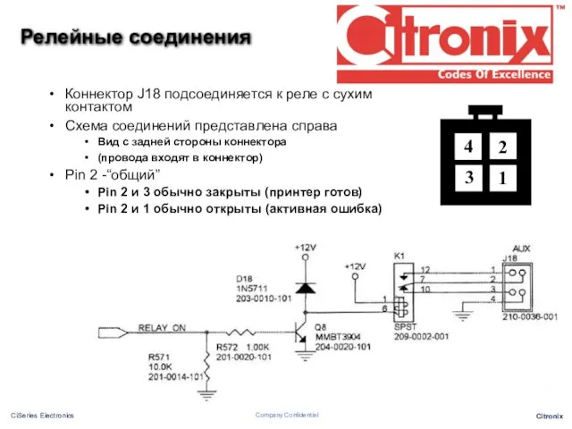 Релейные соединения Коннектор J18 подсоединяется к реле с сухим контактом