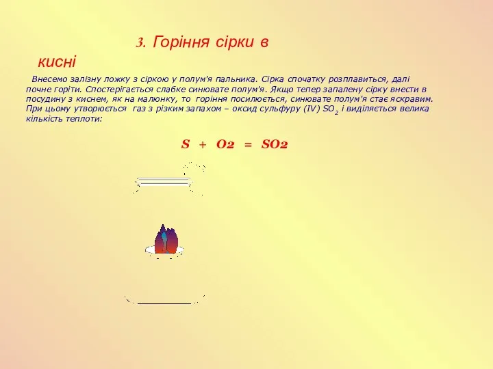 3. Горіння сірки в кисні Внесемо залізну ложку з сіркою