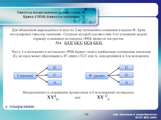 каф. биохимии и микробиологии ФГОУ ВПО ЮФУ Гипотеза неоднозначного соответствия