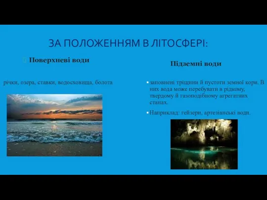 ЗА ПОЛОЖЕННЯМ В ЛІТОСФЕРІ: Поверхневі води річки, озера, ставки, водосховища,