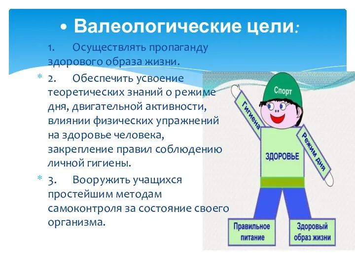 1. Осуществлять пропаганду здорового образа жизни. 2. Обеспечить усвоение теоретических