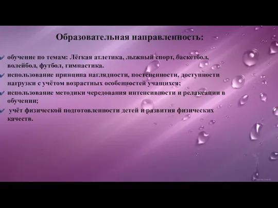 Образовательная направленность: обучение по темам: Лёгкая атлетика, лыжный спорт, баскетбол,