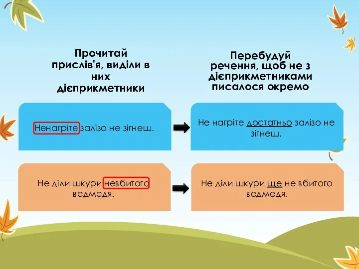 Прочитай прислів'я, виділи в них дієприкметники Ненагріте залізо не зігнеш.