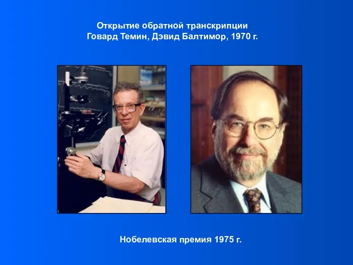 Открытие обратной транскрипции Говард Темин, Дэвид Балтимор, 1970 г. Нобелевская премия 1975 г.