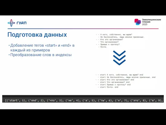 Подготовка данных Добавление тегов «start» и «end» в каждый из примеров Преобразование слов в индексы