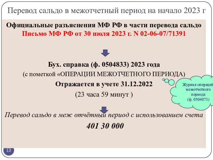 Перевод сальдо в межотчетный период на начало 2023 г Официальные