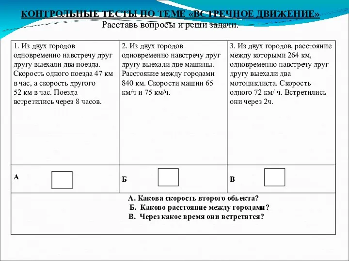 КОНТРОЛЬНЫЕ ТЕСТЫ ПО ТЕМЕ «ВСТРЕЧНОЕ ДВИЖЕНИЕ» Расставь вопросы и реши задачи.