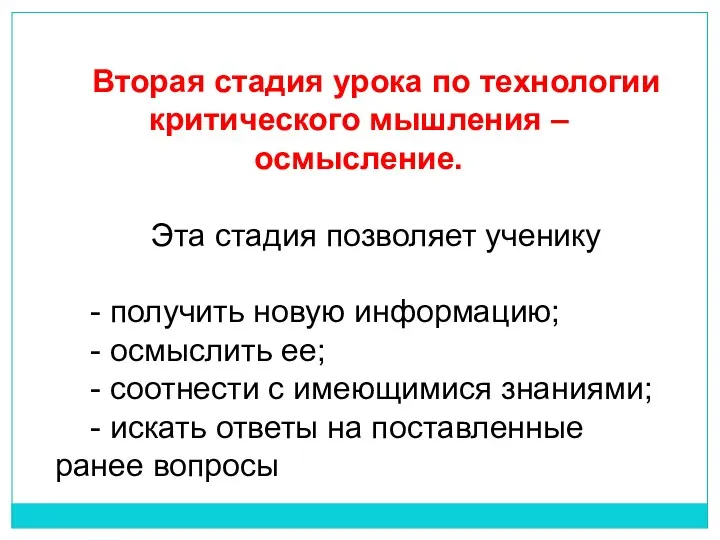 Вторая стадия урока по технологии критического мышления – осмысление. Эта