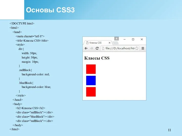 Основы CSS3 Классы CSS div{ width: 50px; height: 50px; margin: