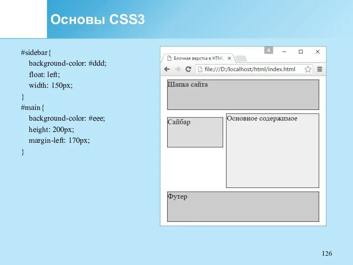 Основы CSS3 #sidebar{ background-color: #ddd; float: left; width: 150px; }