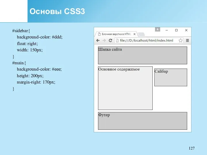 Основы CSS3 #sidebar{ background-color: #ddd; float: right; width: 150px; }