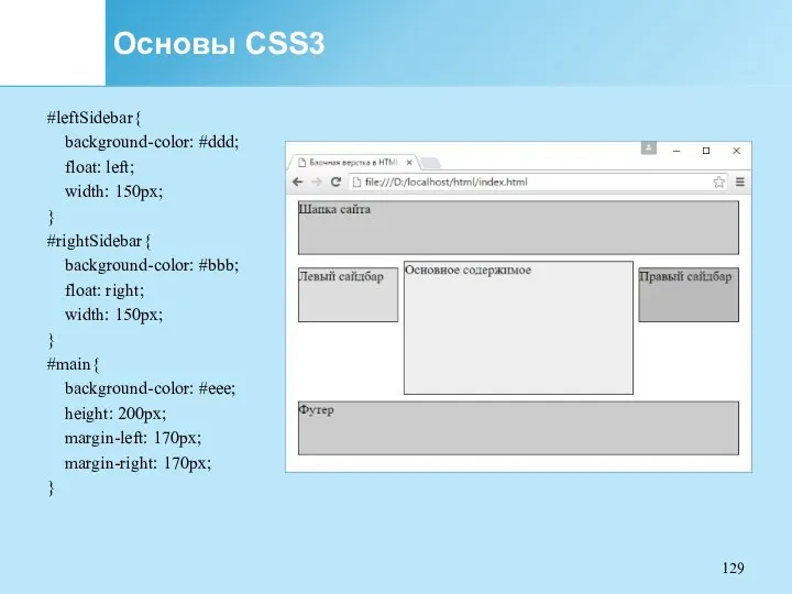 Основы CSS3 #leftSidebar{ background-color: #ddd; float: left; width: 150px; }
