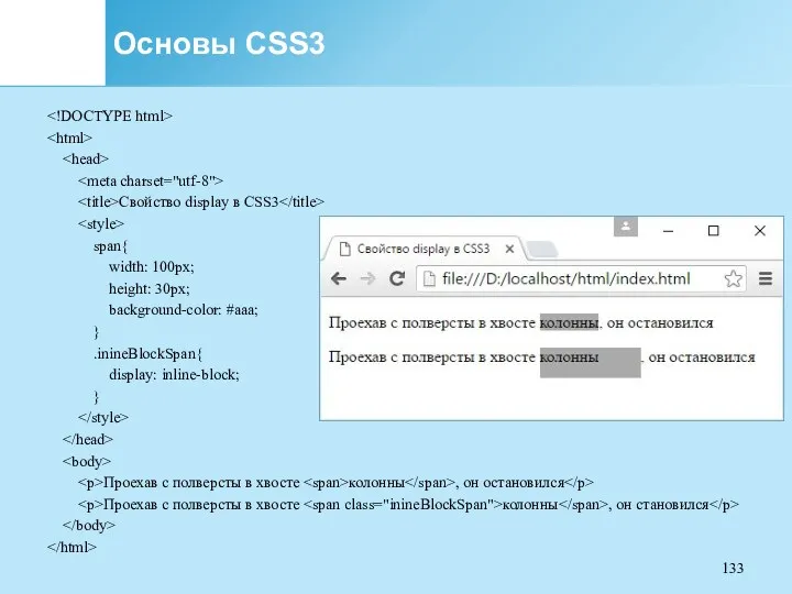 Основы CSS3 Свойство display в CSS3 span{ width: 100px; height: