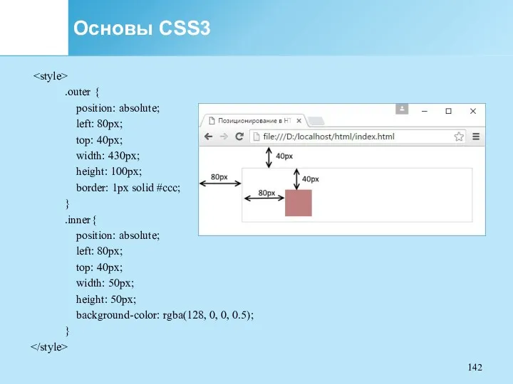 Основы CSS3 .outer { position: absolute; left: 80px; top: 40px;