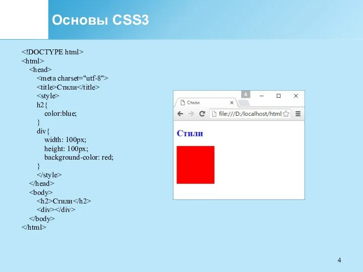 Основы CSS3 Стили h2{ color:blue; } div{ width: 100px; height: 100px; background-color: red; } Стили