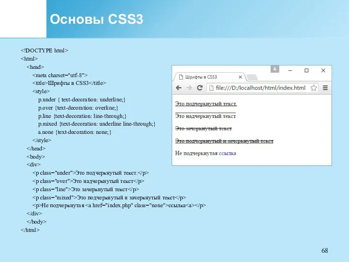 Основы CSS3 Шрифты в CSS3 p.under { text-decoration: underline;} p.over