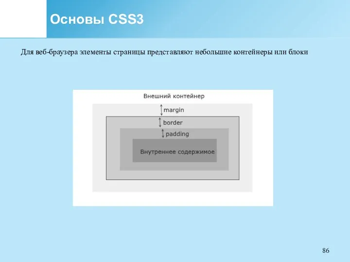 Основы CSS3 Для веб-браузера элементы страницы представляют небольшие контейнеры или блоки